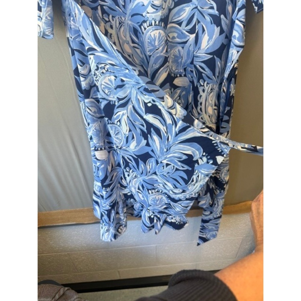Lilly Pulitzer Cascade Ruffle Sleeve Dress 14 Navy Blue Tropical Botanical Print - Picture 5 of 12